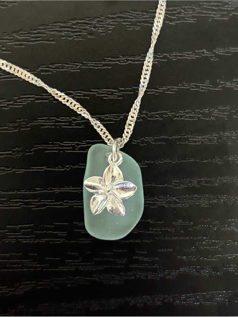 Sterling Silver Flower Pendant Necklace with Sea Glass- Aqua